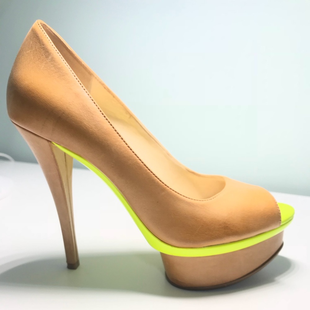 Enzo Angiolini Nude peeptoe heels with neon accent